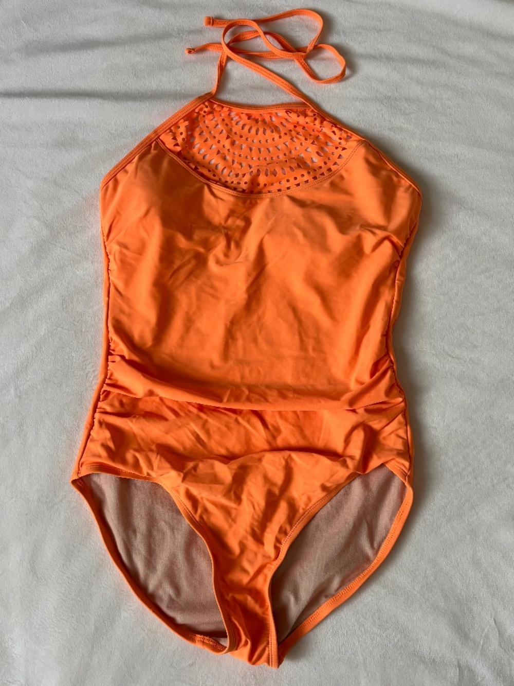 DixPerfect One Piece Swimsuit Solid Orange Halter Tie Back Cut-outs Women L